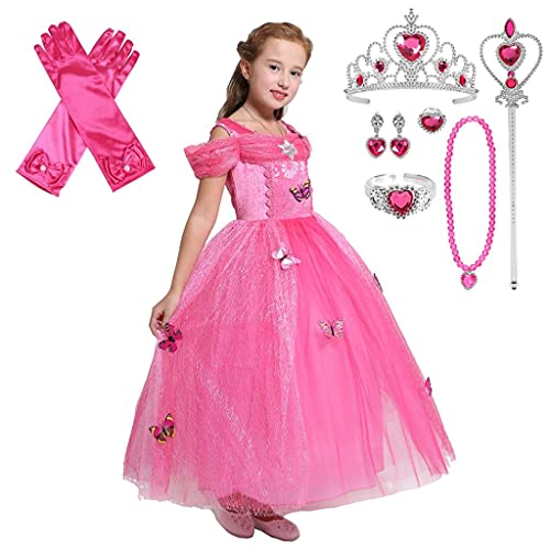 Lito Angels Disfraz de Princesa Aurora con Corona y Accesorios para Niña, Vestido de Fiesta de Bella Durmiente, Talla 3 años, Rosa Caliente