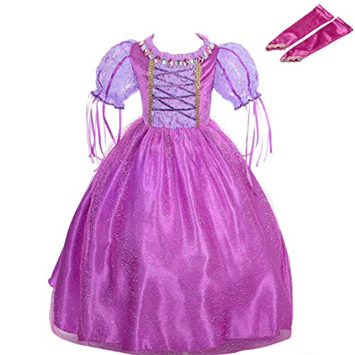 Lito Angels Disfraz de Princesa Rapunzel Vestido de Fiesta de Cumpleaños con Guante Sin Dedos para Niña, Talla 5-6 años