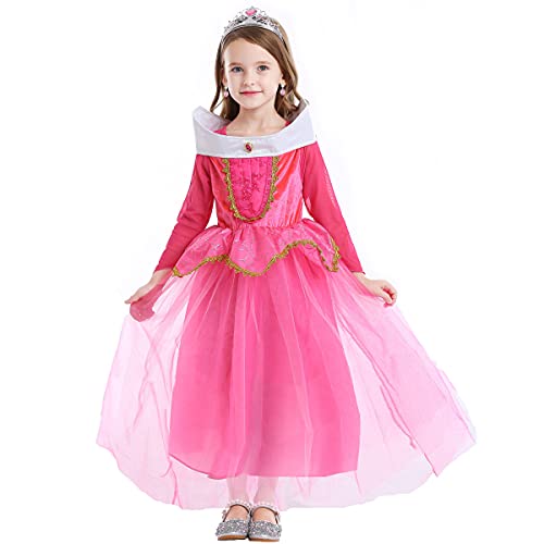 LiUiMiY Disfraces Niña Princesa Vestido de Manga Larga Carnaval Tul Tiara Cosplay Wedding Party Vestido de Carnaval de Cumpleaños para Niñas, Rosa, 104-110 (etiqueta 110)