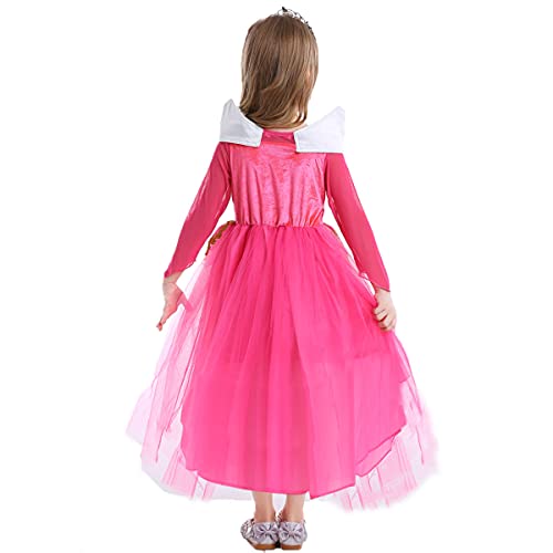 LiUiMiY Disfraces Niña Princesa Vestido de Manga Larga Carnaval Tul Tiara Cosplay Wedding Party Vestido de Carnaval de Cumpleaños para Niñas, Rosa, 104-110 (etiqueta 110)