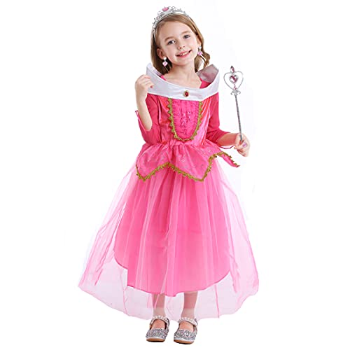 LiUiMiY Disfraces Niña Princesa Vestido de Manga Larga Carnaval Tul Tiara Cosplay Wedding Party Vestido de Carnaval de Cumpleaños para Niñas, Rosa, 104-110 (etiqueta 110)