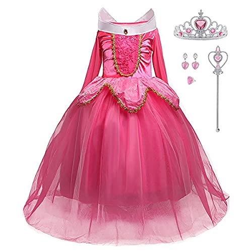 LiUiMiY Disfraces Niña Princesa Vestido de Manga Larga Carnaval Tul Tiara Cosplay Wedding Party Vestido de Carnaval de Cumpleaños para Niñas, Rosa, 104-110 (etiqueta 110)