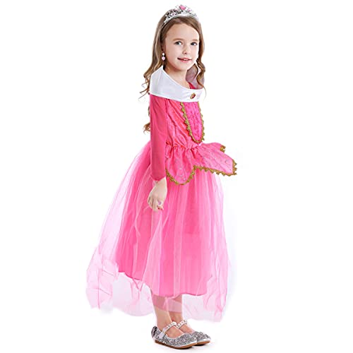 LiUiMiY Disfraces Niña Princesa Vestido de Manga Larga Carnaval Tul Tiara Cosplay Wedding Party Vestido de Carnaval de Cumpleaños para Niñas, Rosa, 104-110 (etiqueta 110)