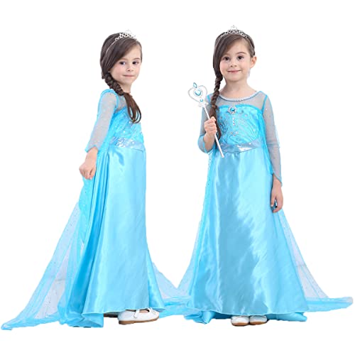 LiUiMiY Vestido De Princesa Disfraz Niña Azul para Carnaval Cumpleaños Cosplay Halloween Fiesta 2-8 años con Accesorios, Azul, 104-110 (etiqueta 110)