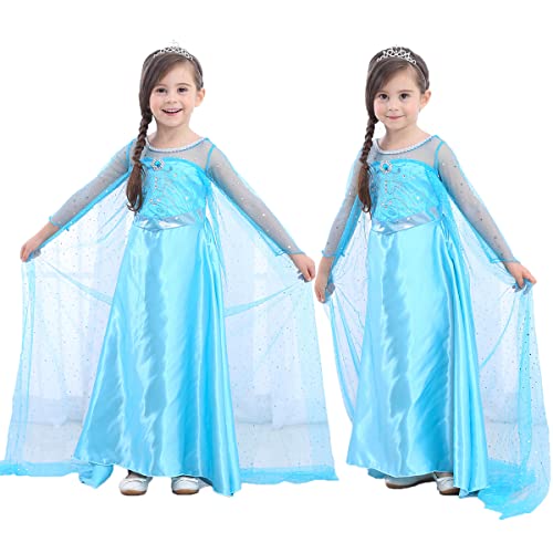 LiUiMiY Vestido De Princesa Disfraz Niña Azul para Carnaval Cumpleaños Cosplay Halloween Fiesta 2-8 años con Accesorios, Azul, 104-110 (etiqueta 110)