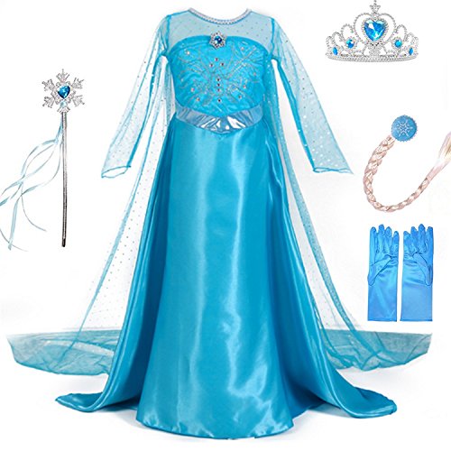 LiUiMiY Vestido De Princesa Disfraz Niña Azul para Carnaval Cumpleaños Cosplay Halloween Fiesta 2-8 años con Accesorios, Azul, 104-110 (etiqueta 110)