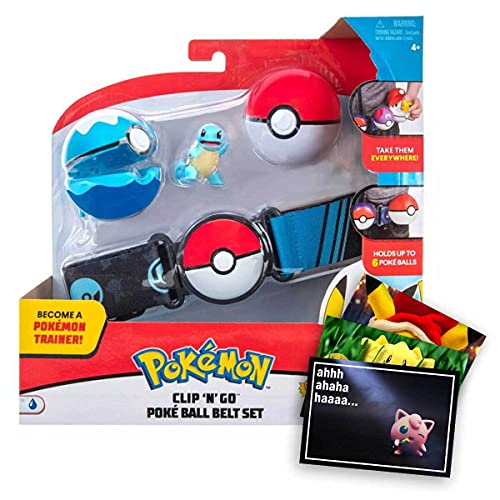 Lively Moments Cinturón de Pokemon para niños con 2 Pokeballs & Figura Schiggy (Clip n Go) y tarjeta de felicitación exclusiva