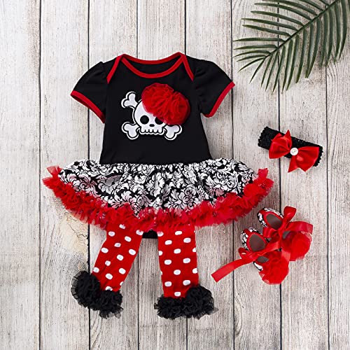 LNL Bebé niña Disfraces de Calavera de Halloween Romper Tutu Falda de Encaje + Calentador de piernas + Zapatos + Diadema 3-6 Meses