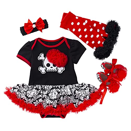 LNL Bebé niña Disfraces de Calavera de Halloween Romper Tutu Falda de Encaje + Calentador de piernas + Zapatos + Diadema 3-6 Meses