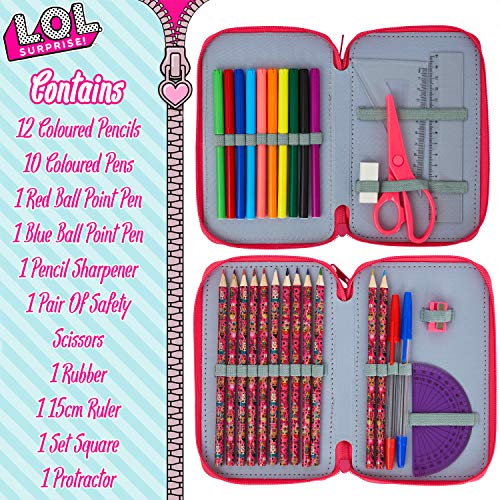 L.O.L. Surprise! Estuche con relleno, lápices de colores y bolígrafos para niños