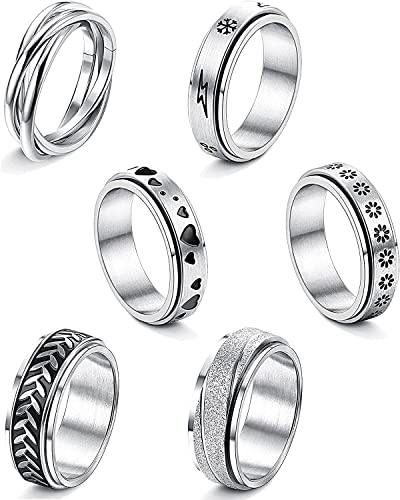 LOLIAS 6 Piezas Acero Inoxidable Anillo Giratorio Mujer Hombre Fidget Band Anillos Ansiedad Geniales para Aliviar Estrés Ansiedad Flores Luna Anillos Giratorio Estrella