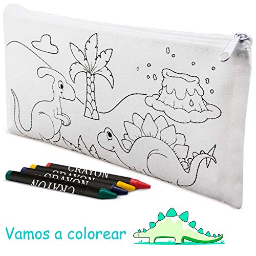 Lote 30 Estuches para Colorear Dinosaurios con 4 Ceras. Regalos para cumpleaños niños. Detalles Infantiles para colegios, guardería..