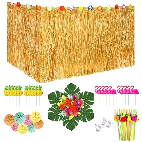 LOVECENTRAL 149 Piezas Hawaiano Luau Falda de Mesa Set de Decoración, Decoraciones de Fiesta Tropical de 9FT, Flores de Hibisco, Hojas de Palma y Otros Objetos para la Fiesta Temática de Hawai.