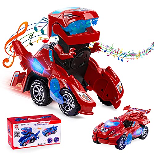 Ltteaoy Transformer Dinosaurio Coche Juguetes, Transformación Vehículos de Dinosaurios, Coche con Rueda universal, Luz y Música, regalo de cumpleaños y Navidad para Niños Niñas 4-8 años (Rojo)