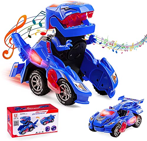 Ltteaoy Transformer Dinosaurio Coche Juguetes, Transformación Vehículos de Dinosaurios, Robot de Coche con LED Luz y Música, Regalos de cumpleaños y Navidad para Niños Niñas 5-10 años (Azul)