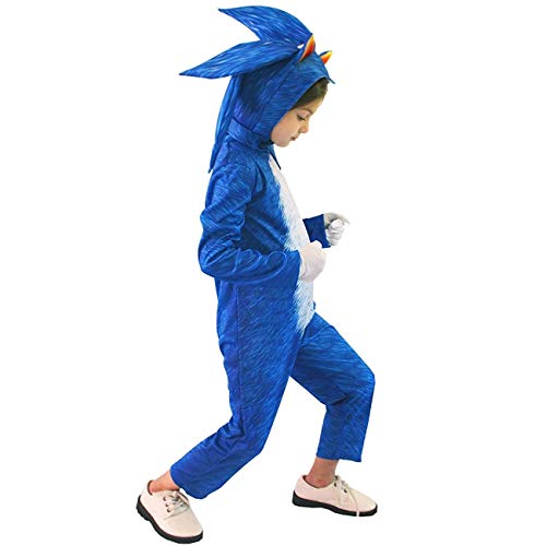 Lucky baby Niñas Niños DisfrazSonic Hedgehog Jumpsuit + Tocado + Guantes Traje de Lujo (Azul, 110-125cm / 5-6 años)