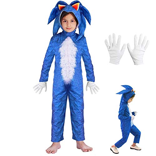 Lucky baby Niñas Niños DisfrazSonic Hedgehog Jumpsuit + Tocado + Guantes Traje de Lujo (Azul, 110-125cm / 5-6 años)