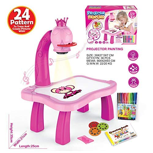 LUCKYYL Proyector para Niños Dibujo Smart, Smart Sketcher Proyector, Herramienta Educativa De Pintura, Juego De Escritorio De Mesa De Proyector De Pintura Musical para Niños,Pink