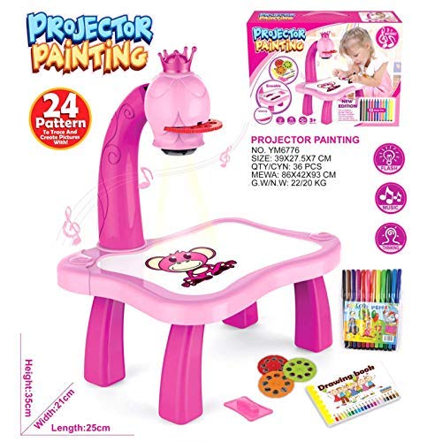 LUCKYYL Proyector para Niños Dibujo Smart, Smart Sketcher Proyector, Herramienta Educativa De Pintura, Juego De Escritorio De Mesa De Proyector De Pintura Musical para Niños,Pink