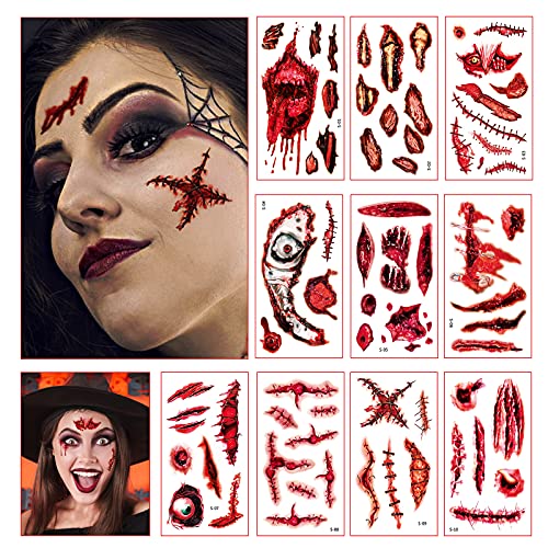 Lunriwis 10pcs Tatuajes Temporales de Cicatriz Sangrienta de Halloween,Disfraces Impermeables Tatuajes de Zombies,Etiqueta Engomada del Tatuaje de Maquillaje de Heridas Realistas,