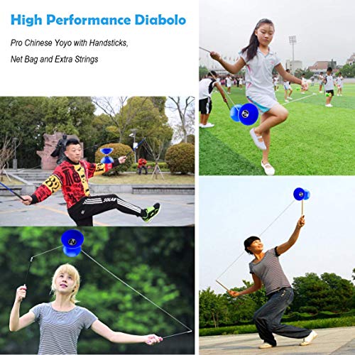 MAGICYOYO Diabolo MD01 Rodamientos triples Profesionales con Palos de Carbono de Primera Calidad Bolsa de 3 Cuerdas Diabolos para Principiantes para niños Adultos Azul