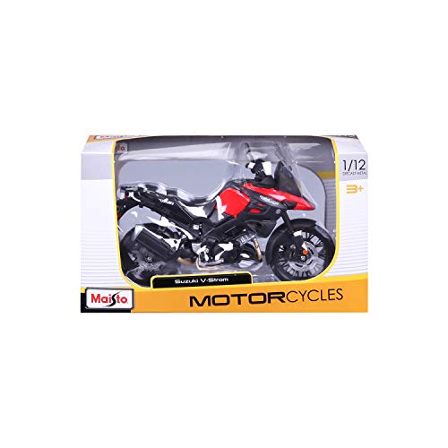 Maisto 20-19130 Suzuki V-Strom: Modelo de Motocicleta a Escala 1:12, con suspensión y Caballete Lateral Plegable, 17 cm, Color Negro y Rojo (5-19130), Rojo y Negro