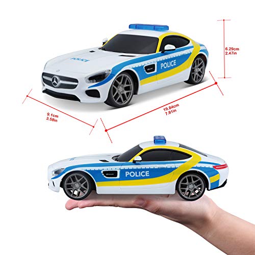 Maisto Tech R/C Mercedes AMG GT 581510 - Coche teledirigido (Escala 1:24, Efecto policía, Control de empuñadura de Pistola, tracción Trasera, a Partir de 5 años, 20 cm, Color Blanco y Azul