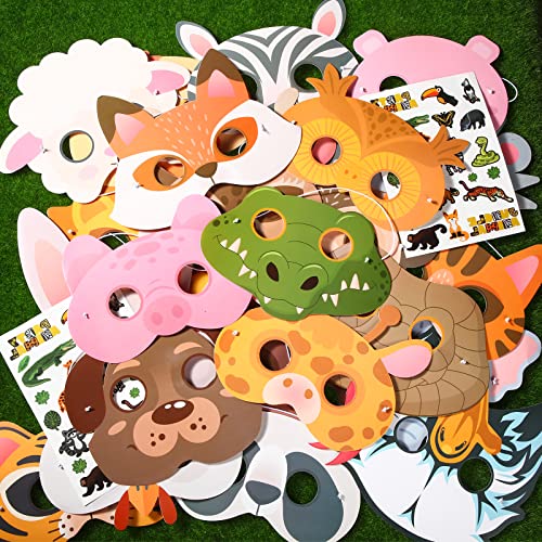 Maitys 25 Piezas Máscaras de Animales de Papel Máscaras de Disfraces de Animales de Halloween y 2 Pegatinas de Tatuaje Temporal de Animal de Safari Selva Accesorio de Fiesta Disfraz Cosplay