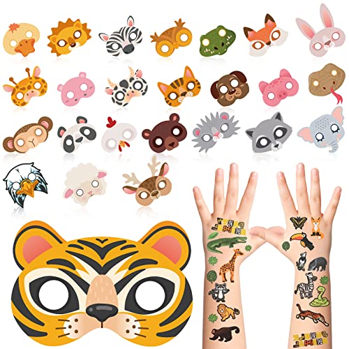 Maitys 25 Piezas Máscaras de Animales de Papel Máscaras de Disfraces de Animales de Halloween y 2 Pegatinas de Tatuaje Temporal de Animal de Safari Selva Accesorio de Fiesta Disfraz Cosplay