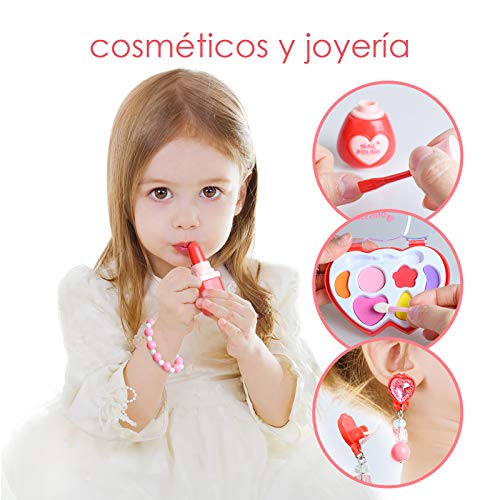 Maletín de Joyería y Maquillaje Juguete Pretend Play Belleza Caja Completa de Peluquería inluye 30 Piezas Comésticas Juego Educativo y Científico Regalo Ideal de Cumpleaños Navidad para Niños 3+ Años