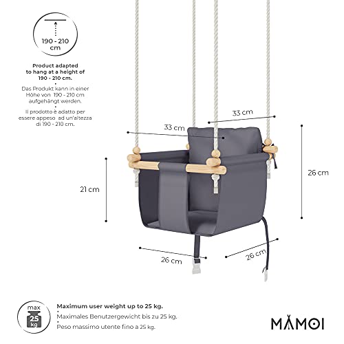 MAMOI Columpio Bebe con ASA DE Seguridad, Columpios Infantiles Exterior y Interior, Columpio Madera Ideal como Columpio de Jardin y para habitación Infantil (Aschgrau+Haken)