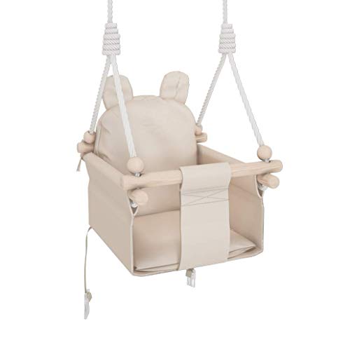 MAMOI Columpio Bebe con ASA DE Seguridad, Columpios Infantiles Exterior y Interior, Columpio Madera Ideal como Columpio de Jardin y para habitación Infantil (Teddybär Beige + Haken)