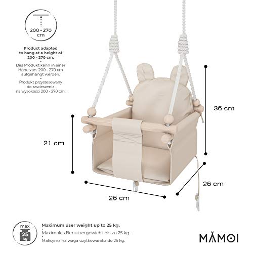 MAMOI Columpio Bebe con ASA DE Seguridad, Columpios Infantiles Exterior y Interior, Columpio Madera Ideal como Columpio de Jardin y para habitación Infantil (Teddybär Beige + Haken)