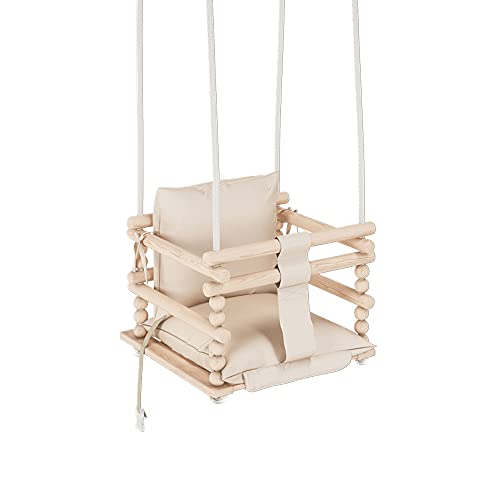 MAMOI - Columpio para niños, Columpio 3 en 1 + cinturón de Seguridad, Columpio para niños pequeños, Columpio para bebé y Columpio, Columpio de Madera para niños … (Beige)