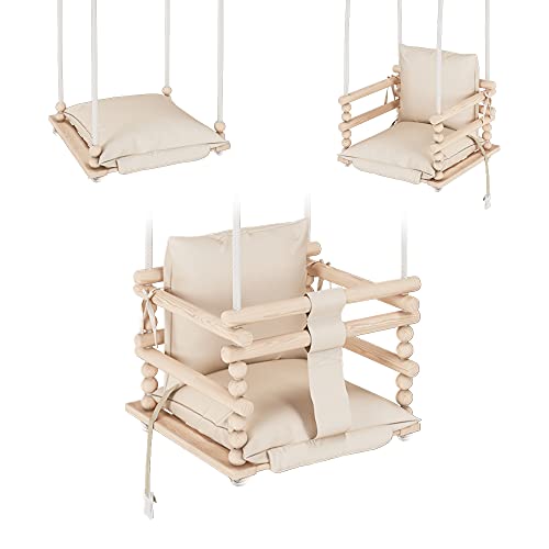 MAMOI - Columpio para niños, Columpio 3 en 1 + cinturón de Seguridad, Columpio para niños pequeños, Columpio para bebé y Columpio, Columpio de Madera para niños … (Beige)