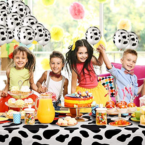 Mantel de Vaca para Fiesta, Incluye 2 Piezas Cubiertas de Mesa, 20 Piezas Globos de Vaca y 10 m Cinta Blanca Suministros de Picnic de Fiestas(Patrón de Vaca Estampado de Vaca)