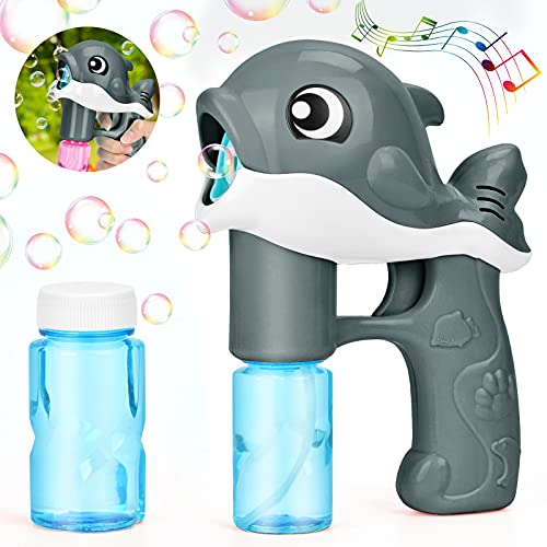 Máquina de Burbujas, Pistola de Pompas de Jabón, Máquina de Burbujas Automática Niños,Maquina Pompas Jabón Automática Portátil,Ametralladora de Burbujas de delfín con Sonido -2*Pompas Jabon (Gris)