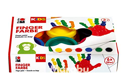 Marabu Kids-Pintura para Dedos (6 x 35 ml), Color Amarillo, Naranja, Rojo, Azul, Verde y Negro, carbón (0303000000085)