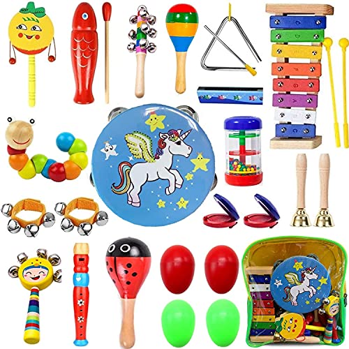 MarkersHome 24 Pcs Juguetes Instrumentos Musicales uguetes Músicales de Percusion Bebes Instrumentos Musicales Infantil Juguetes de Educación Temprana con Mochila de Almacenamiento Regalos para niños