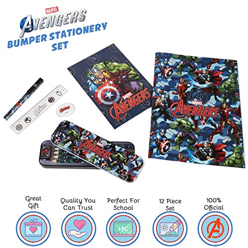 Marvel Estuche Escolar de los Vengadores, Set Papelería con Agenda Escolar, Lápices Colores, Bolígrafo y Bloc De Notas, Kit Material Escolar con Hulk, Iron Man, Capitán América Y Thor