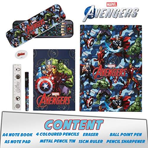 Marvel Estuche Escolar de los Vengadores, Set Papelería con Agenda Escolar, Lápices Colores, Bolígrafo y Bloc De Notas, Kit Material Escolar con Hulk, Iron Man, Capitán América Y Thor