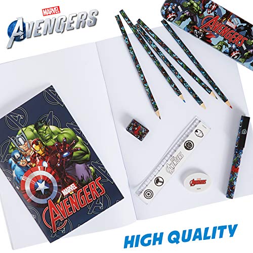 Marvel Estuche Escolar de los Vengadores, Set Papelería con Agenda Escolar, Lápices Colores, Bolígrafo y Bloc De Notas, Kit Material Escolar con Hulk, Iron Man, Capitán América Y Thor