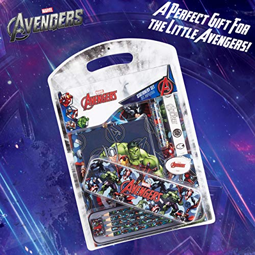 Marvel Estuche Escolar de los Vengadores, Set Papelería con Agenda Escolar, Lápices Colores, Bolígrafo y Bloc De Notas, Kit Material Escolar con Hulk, Iron Man, Capitán América Y Thor