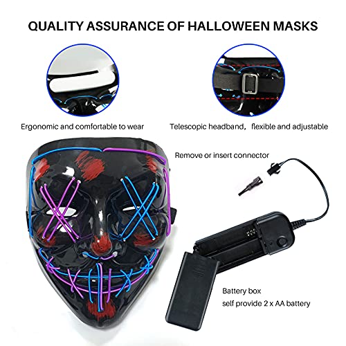 Mascara LED Halloween, Máscaras de la Purga, Máscaras Halloween de Terror Iluminada se Utiliza para la Decoración de Disfraces para Baile de Disfraces, Carnaval, Fiesta de Carnaval(púrpura + azul)