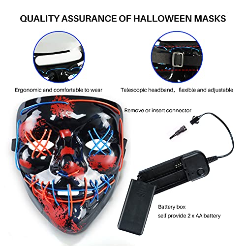 Mascara LED Halloween, Máscaras de la Purga, Máscaras Halloween de Terror Iluminada se Utiliza para la Decoración de Disfraces para Baile de Disfraces, Carnaval, Fiesta de Carnaval(rojo + azul)