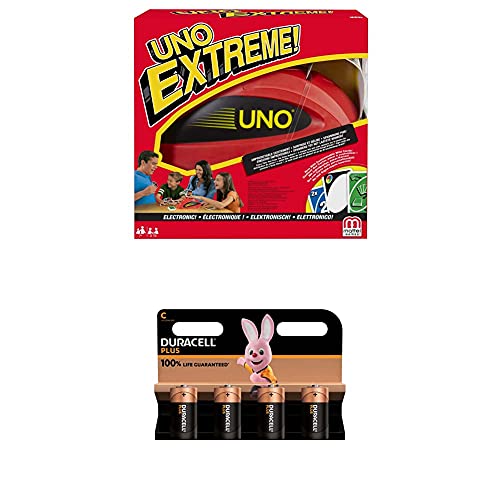 Mattel Games Uno Extreme, Juego de Cartas (Mattel V9364) , Color/Modelo Surtido + Duracell - Nuevo Pilas alcalinas Plus C , 1.5 Voltios LR14 MN1400, Paquete de 4