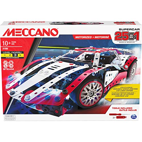 MECCANO- MEC Multi Model Set CN GML, Kit de construcción 25 en 1 Supercar Stem con 347 Piezas, Herramientas Reales y Luces de Trabajo, Juguetes para niños a Partir de 10 años (Spin Master 6062054)