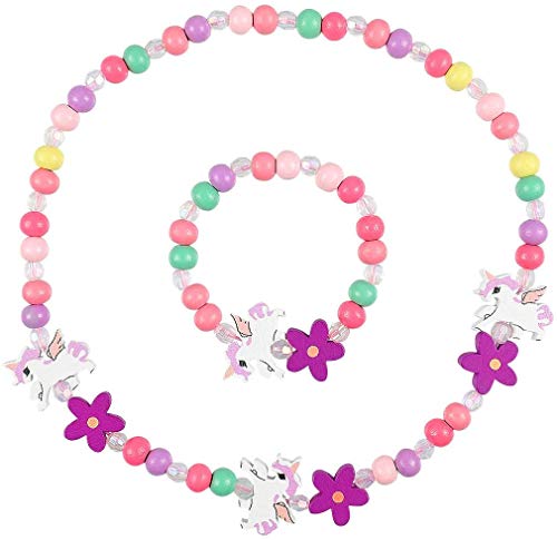 Meet-shop Colgante Unicornio Niñas Collar Pulsera Set, Niños Unicornio Joyas de Madera Kit Collar de Cuentas de Madera Elásticas Unicornio Princesa Beads Regalo para la Fiesta de Cumpleaños Pretender