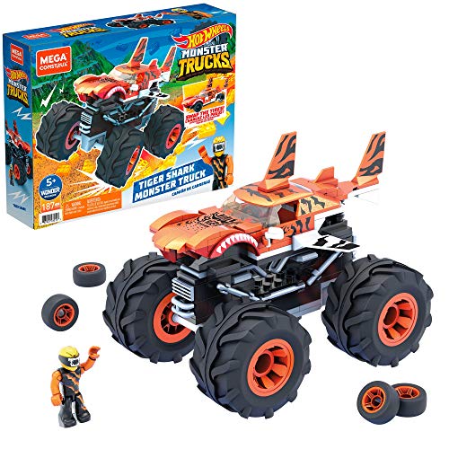 Mega Construx Monster Trucks Tiger Shark Coche de juguete de bloques de construcción, incluye figura, para niños +5 años (Mattel GVM26)