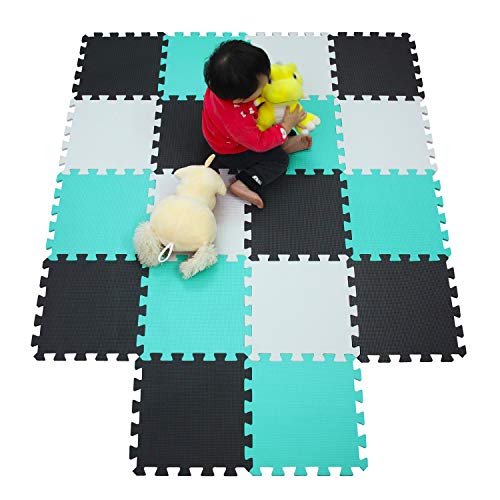 meiqicool Alfombra puzle 142 x 114cm Niños 18 Piezas Cuadrado Goma Espuma EVA,Alfombra Puzzle para Niños Bebe Infantil,esteras de 30x30cm Blanco Negro y Turquesa 010408